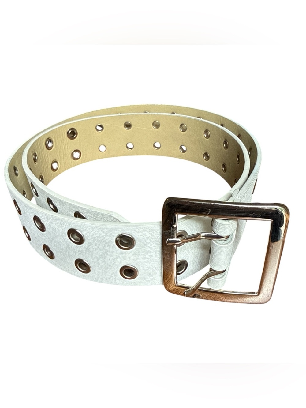White Double Grommet Belt Silver Tone Buckle Faux Leather Punk Y2K Waist Belt